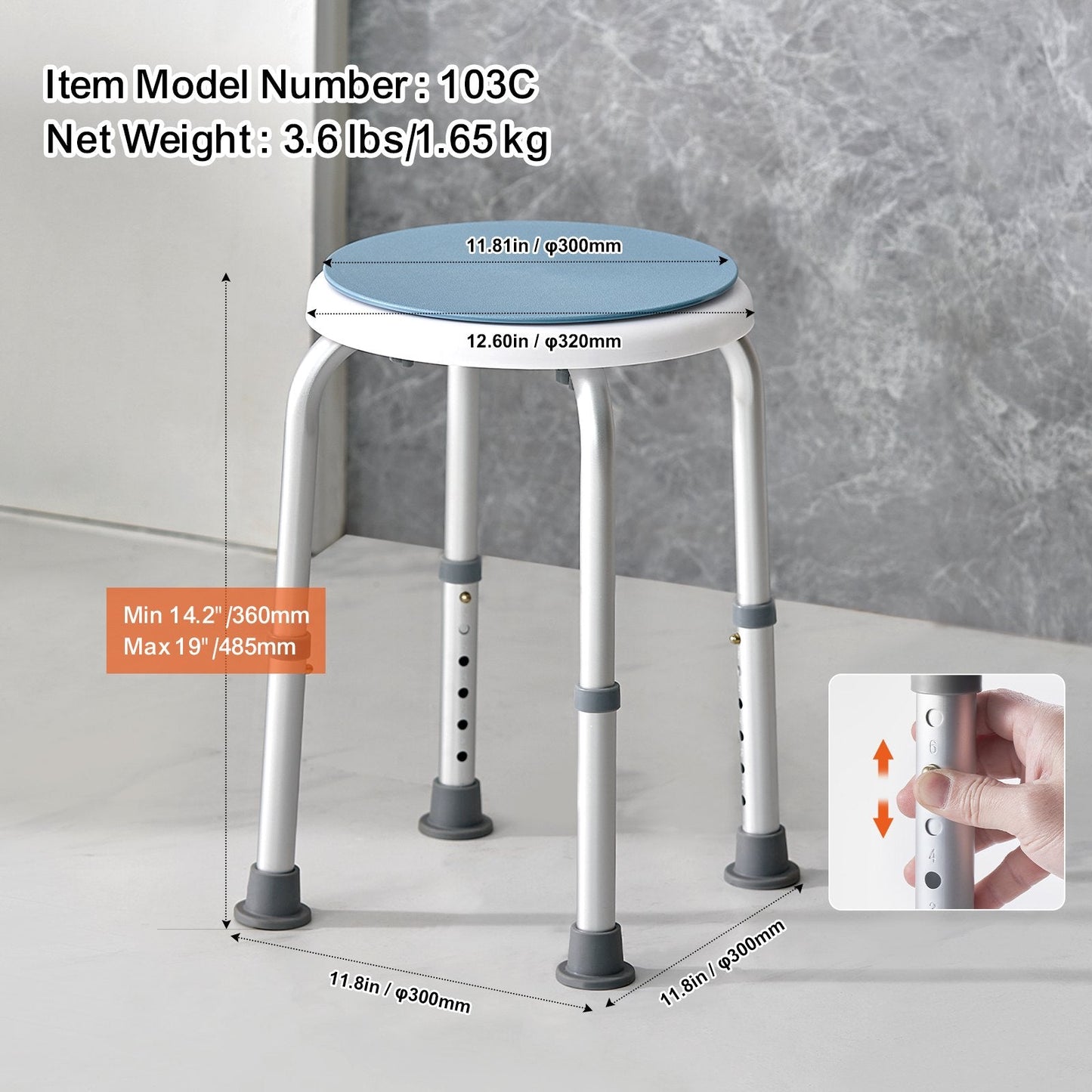 Rotating Shower Chair with Adjustable Height, 136 kg Capacity, Non-Slip Seat
