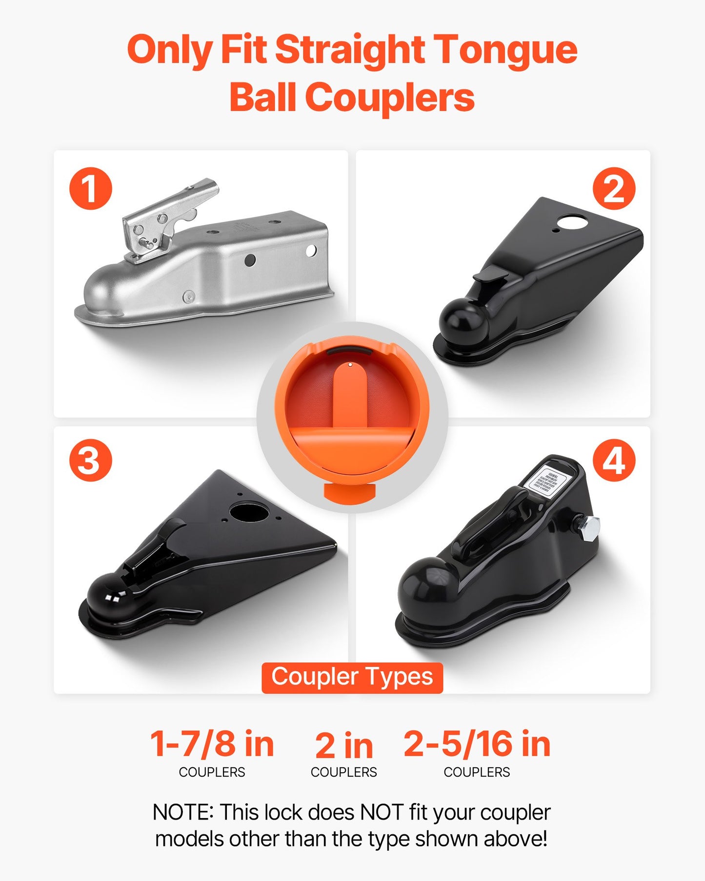 Trailer Lock, Fits 47.5, 50.6 & 58.6 mm Straight Tongue Ball Couplers, Heavy Duty Hitch Lock with 4 Keys Secures Security Chains, Anti-Theft RV Trailer Locks for RV, Trailer, Boat