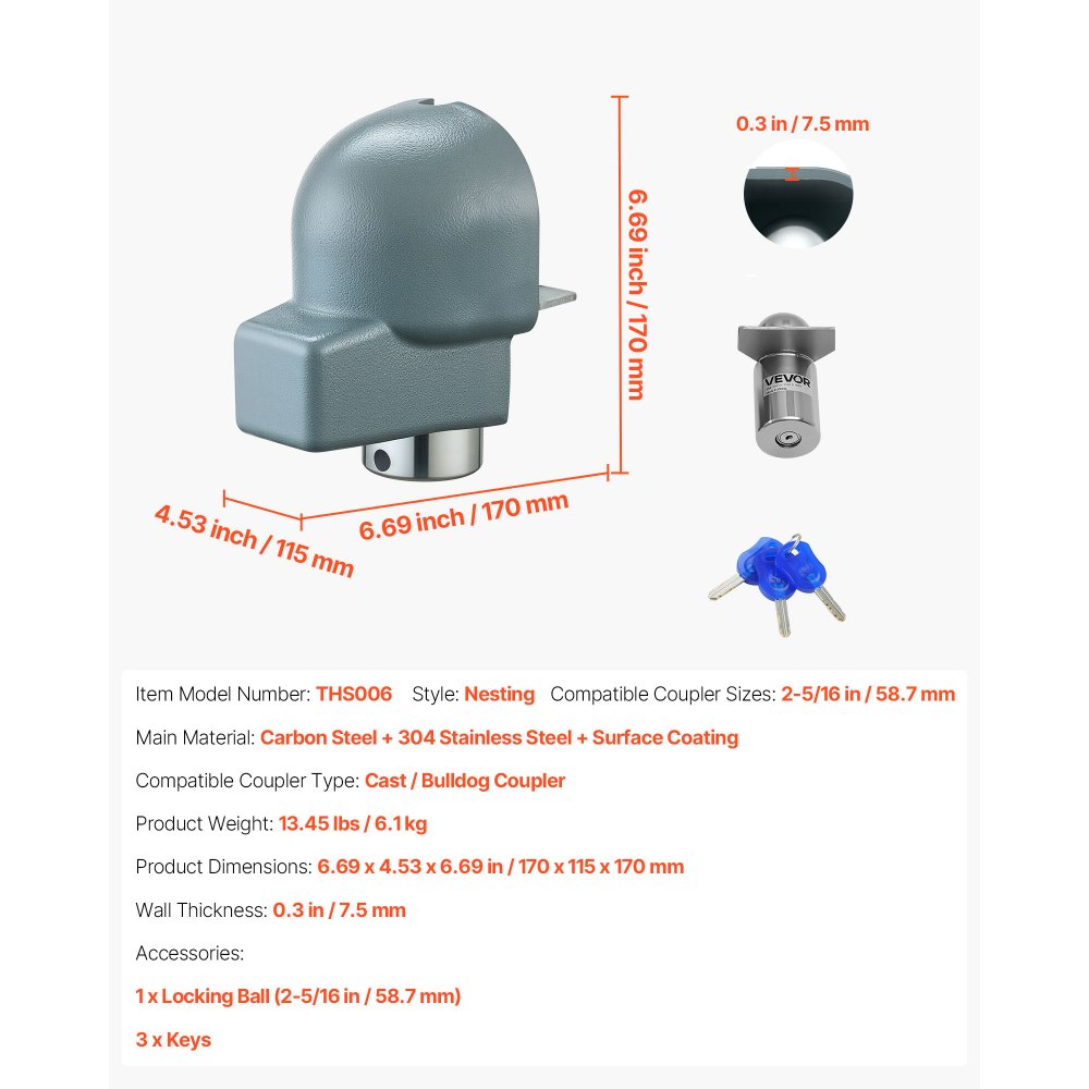 Trailer Lock Fits 58.6 mm Cast/Bulldog Trailer Couplers Hitch Lock