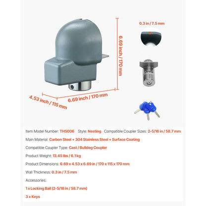 Trailer Lock Fits 58.6 mm Cast/Bulldog Trailer Couplers Hitch Lock