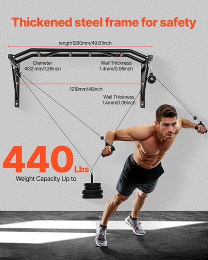Pull Up Bar, Multi-Grip Wall Mounted Pull Ups, 50 in Width Multifunctional Chin Up Training Station, Heavy Duty Steel Upper Body Workout Bars with LAT Pulldown Attachments, 440 lbs, for Home Gym