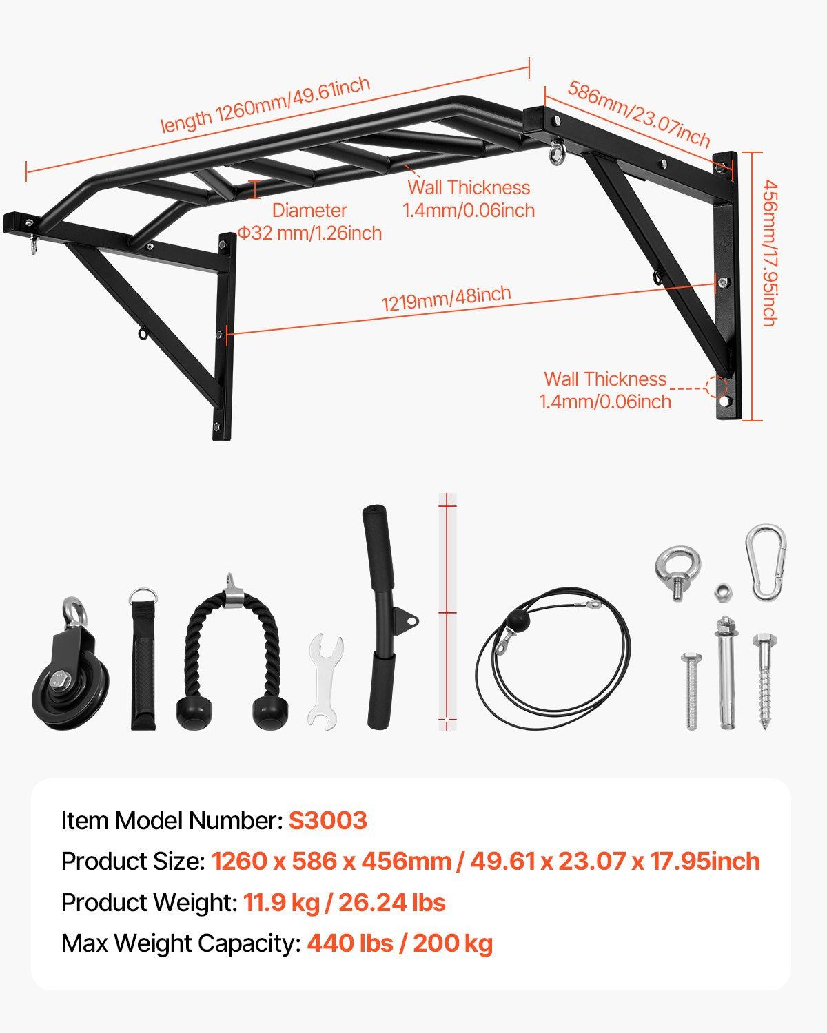 Pull Up Bar, Multi-Grip Wall Mounted Pull Ups, 50 in Width Multifunctional Chin Up Training Station, Heavy Duty Steel Upper Body Workout Bars with LAT Pulldown Attachments, 440 lbs, for Home Gym