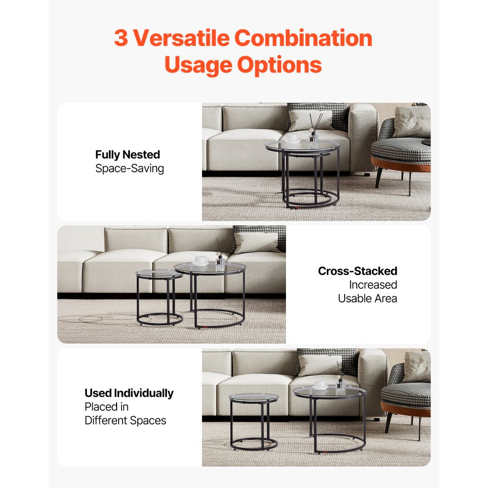 VEVOR Nesting Coffee Table Set of 2 Glass Coffee Table 600 mm for Living Room