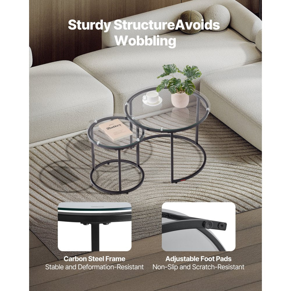 VEVOR Nesting Coffee Table Set of 2 Glass Coffee Table 600 mm for Living Room