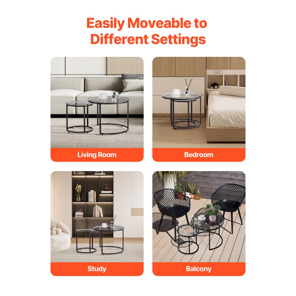 VEVOR Nesting Coffee Table Set of 2 Glass Coffee Table 600 mm for Living Room