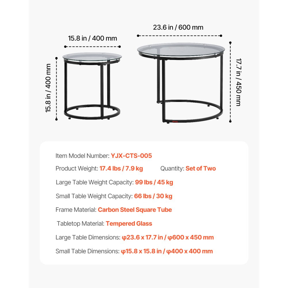 VEVOR Nesting Coffee Table Set of 2 Glass Coffee Table 600 mm for Living Room