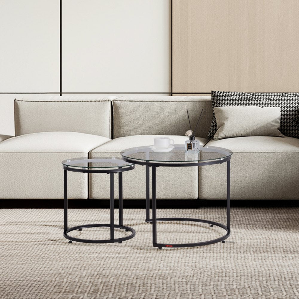 VEVOR Nesting Coffee Table Set of 2 Glass Coffee Table 600 mm for Living Room