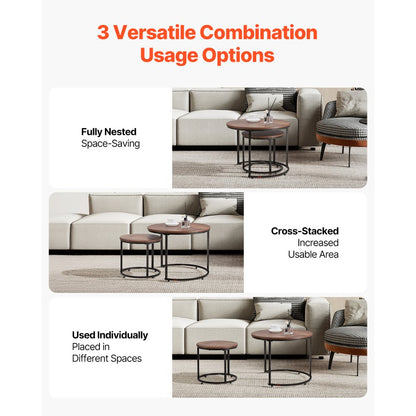 VEVOR Nesting Coffee Table Set of 2 Round Coffee Table 600 mm (Brown & Black)
