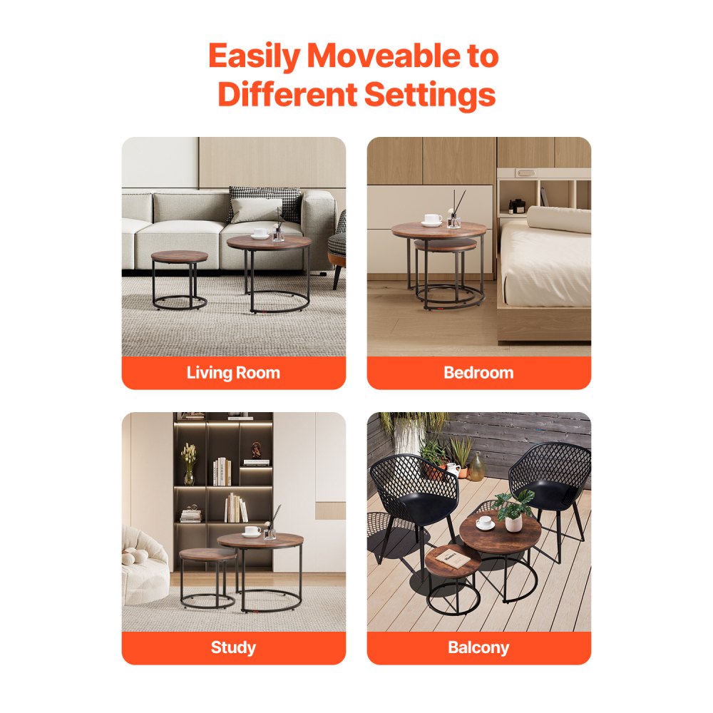 VEVOR Nesting Coffee Table Set of 2 Round Coffee Table 600 mm (Brown & Black)