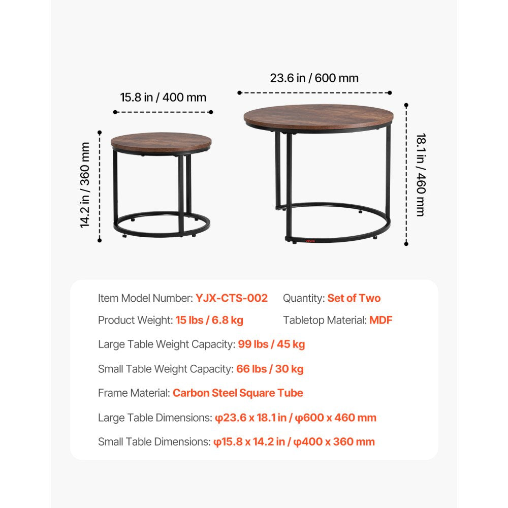 VEVOR Nesting Coffee Table Set of 2 Round Coffee Table 600 mm (Brown & Black)