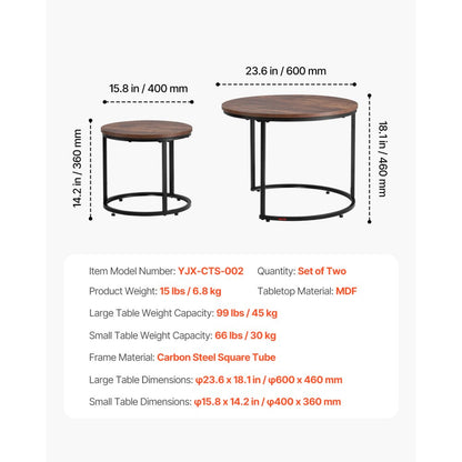VEVOR Nesting Coffee Table Set of 2 Round Coffee Table 600 mm (Brown & Black)