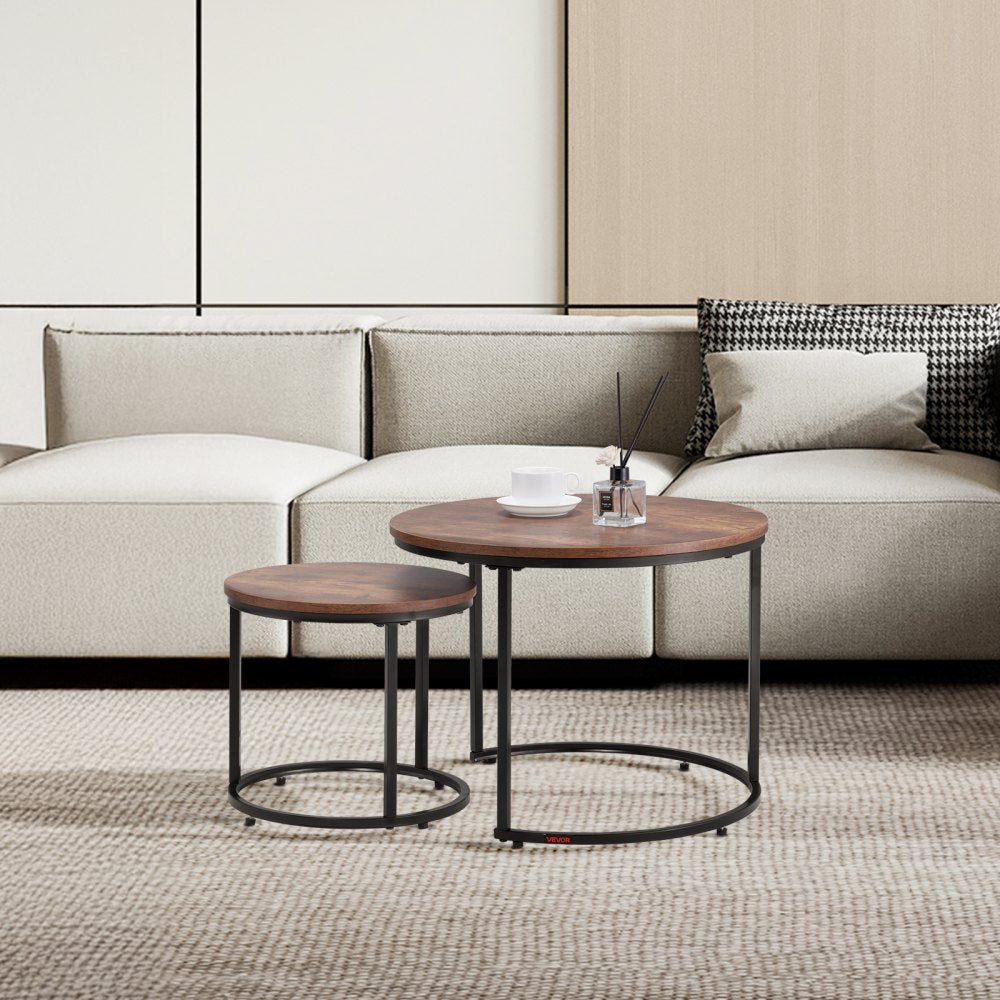 VEVOR Nesting Coffee Table Set of 2 Round Coffee Table 600 mm (Brown & Black)