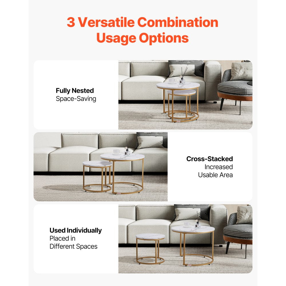 VEVOR Nesting Coffee Table Set of 2 Round Coffee Table 600 mm (White & Gold)