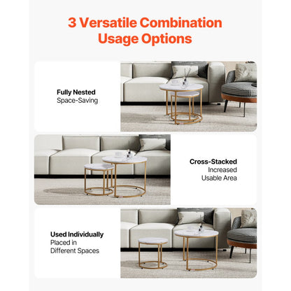 VEVOR Nesting Coffee Table Set of 2 Round Coffee Table 600 mm (White & Gold)