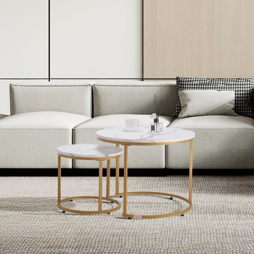 VEVOR Nesting Coffee Table Set of 2 Round Coffee Table 600 mm (White & Gold)