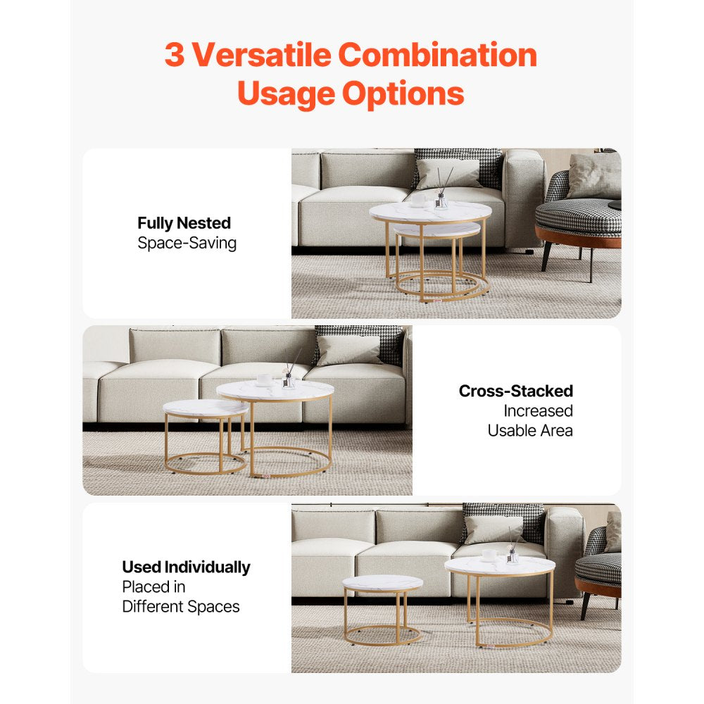 VEVOR Nesting Coffee Table Set of 2 Round Coffee Table 700 mm (White & Gold)