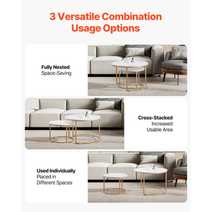 VEVOR Nesting Coffee Table Set of 2 Round Coffee Table 700 mm (White & Gold)