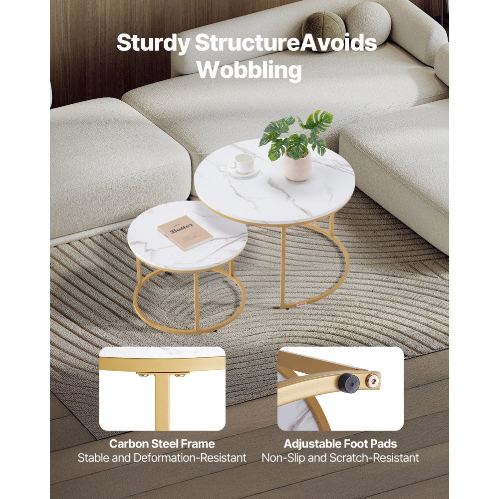 VEVOR Nesting Coffee Table Set of 2 Round Coffee Table 700 mm (White & Gold)
