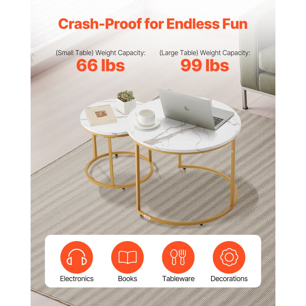 VEVOR Nesting Coffee Table Set of 2 Round Coffee Table 700 mm (White & Gold)