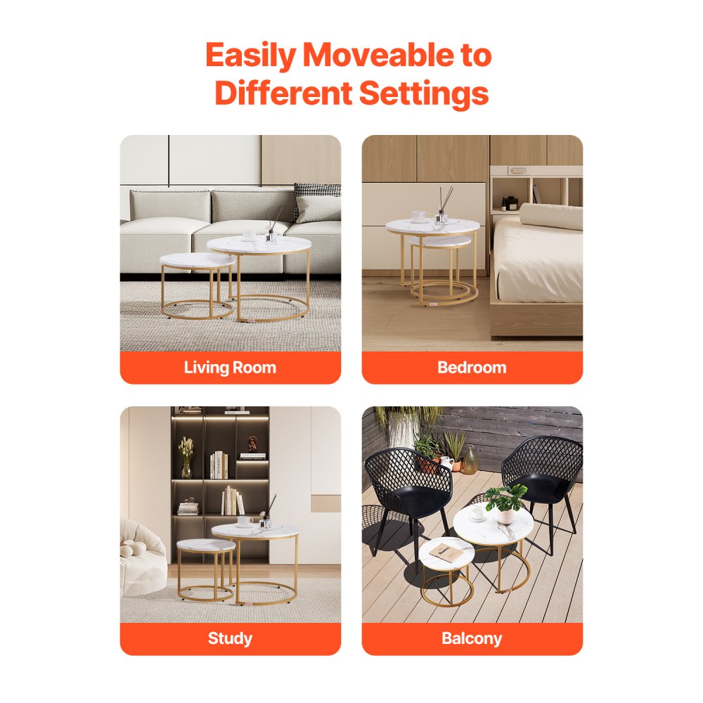 VEVOR Nesting Coffee Table Set of 2 Round Coffee Table 700 mm (White & Gold)
