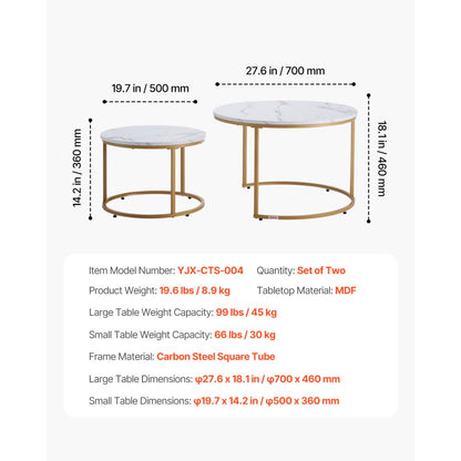 VEVOR Nesting Coffee Table Set of 2 Round Coffee Table 700 mm (White & Gold)