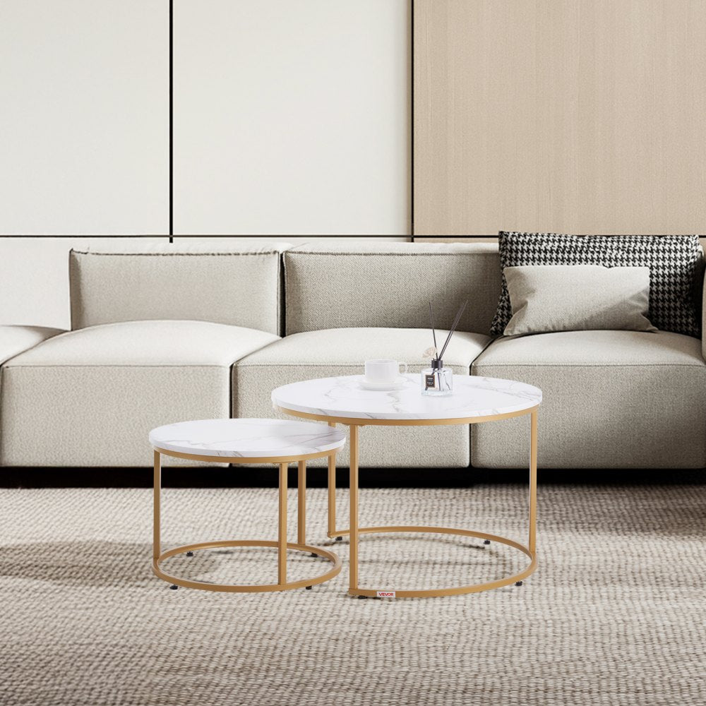 VEVOR Nesting Coffee Table Set of 2 Round Coffee Table 700 mm (White & Gold)