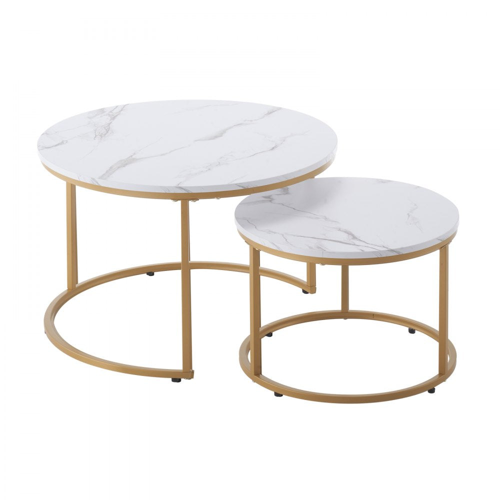 VEVOR Nesting Coffee Table Set of 2 Round Coffee Table 700 mm (White & Gold)