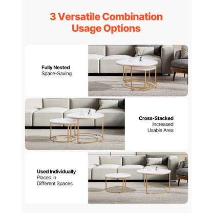 VEVOR Nesting Coffee Table Set of 2 Round Coffee Table 800 mm (White & Gold)