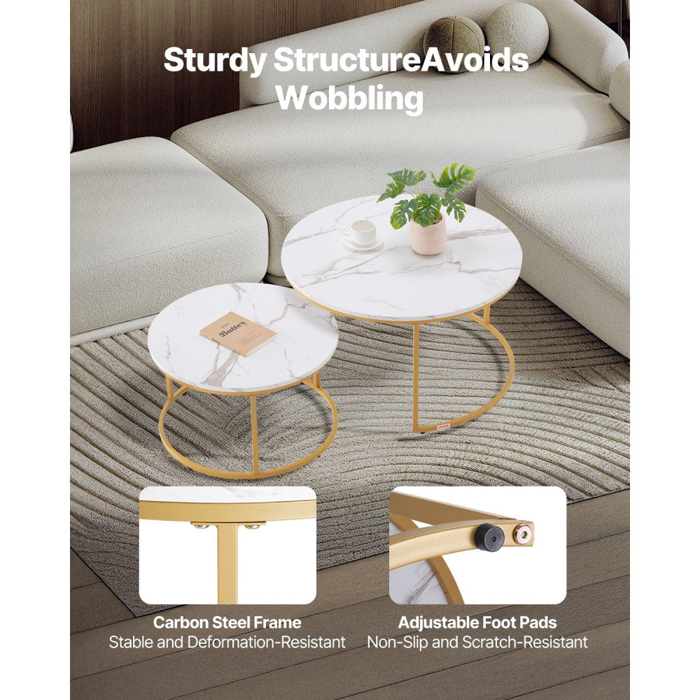 VEVOR Nesting Coffee Table Set of 2 Round Coffee Table 800 mm (White & Gold)