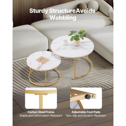 VEVOR Nesting Coffee Table Set of 2 Round Coffee Table 800 mm (White & Gold)