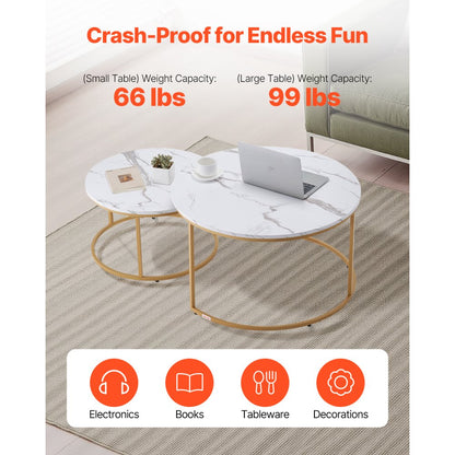 VEVOR Nesting Coffee Table Set of 2 Round Coffee Table 800 mm (White & Gold)