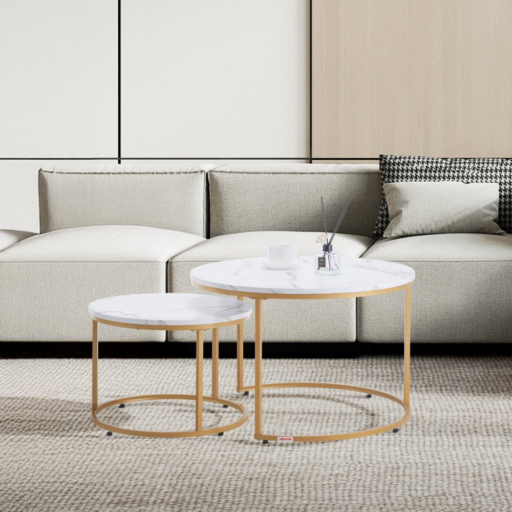 VEVOR Nesting Coffee Table Set of 2 Round Coffee Table 800 mm (White & Gold)