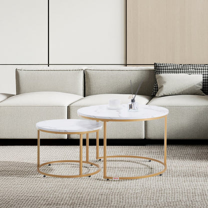 VEVOR Nesting Coffee Table Set of 2 Round Coffee Table 800 mm (White & Gold)