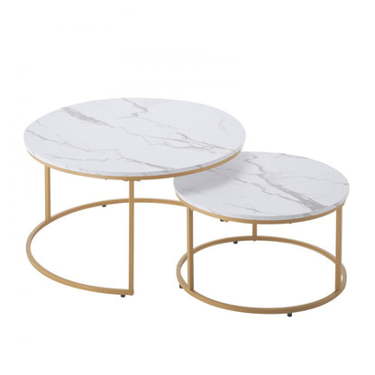 VEVOR Nesting Coffee Table Set of 2 Round Coffee Table 800 mm (White & Gold)