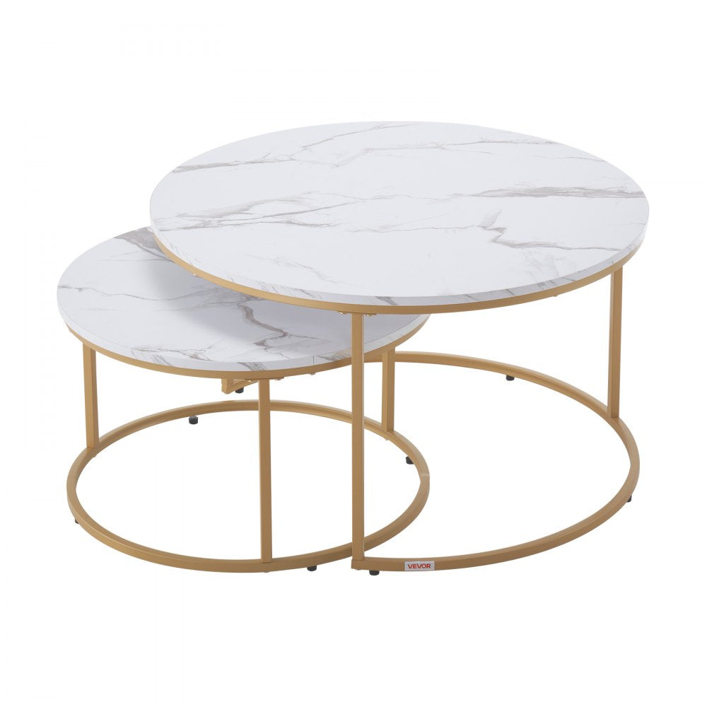 VEVOR Nesting Coffee Table Set of 2 Round Coffee Table 800 mm (White & Gold)
