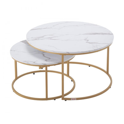 VEVOR Nesting Coffee Table Set of 2 Round Coffee Table 800 mm (White & Gold)