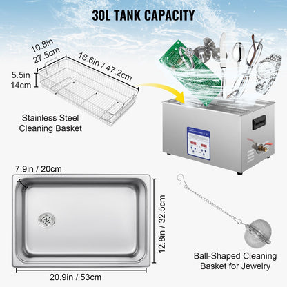 30L Digital Ultrasonic Cleaner with 40kHz Frequency, Heater & Timer