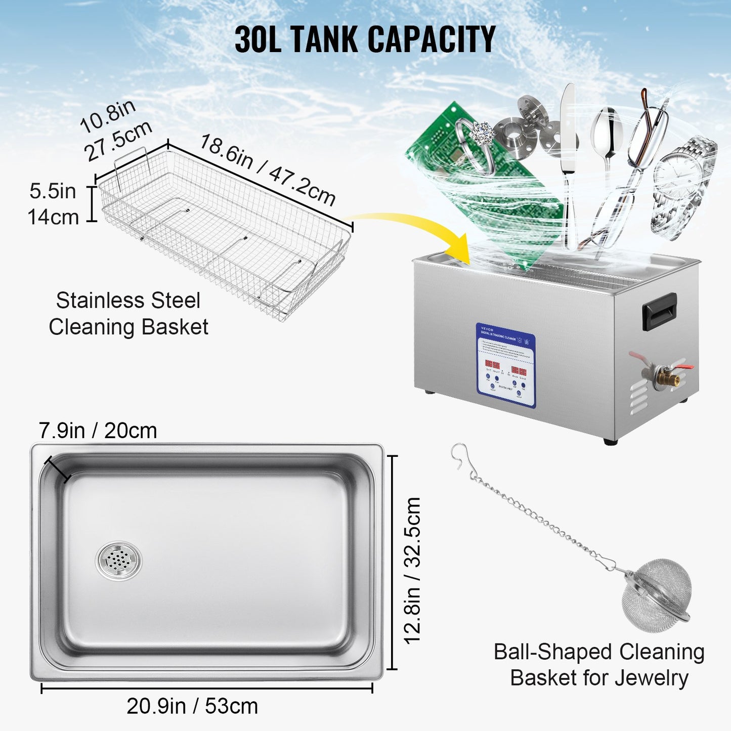 VEVOR Digital Ultrasonic Cleaner 30L Ultrasonic Cleaning Machine 40kHz Sonic Cleaner