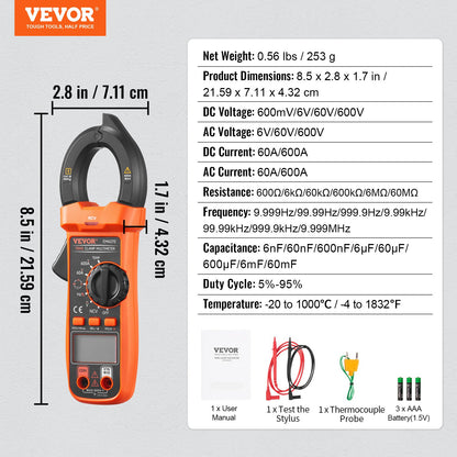 VEVOR Digital Clamp Meter T-RMS, 6000 Counts, 600A Clamp Multimeter Tester, Measures Current Voltage Resistance Diodes Continuity Data Retention, with NCV for Home Appliance, Railway Industry Maintena