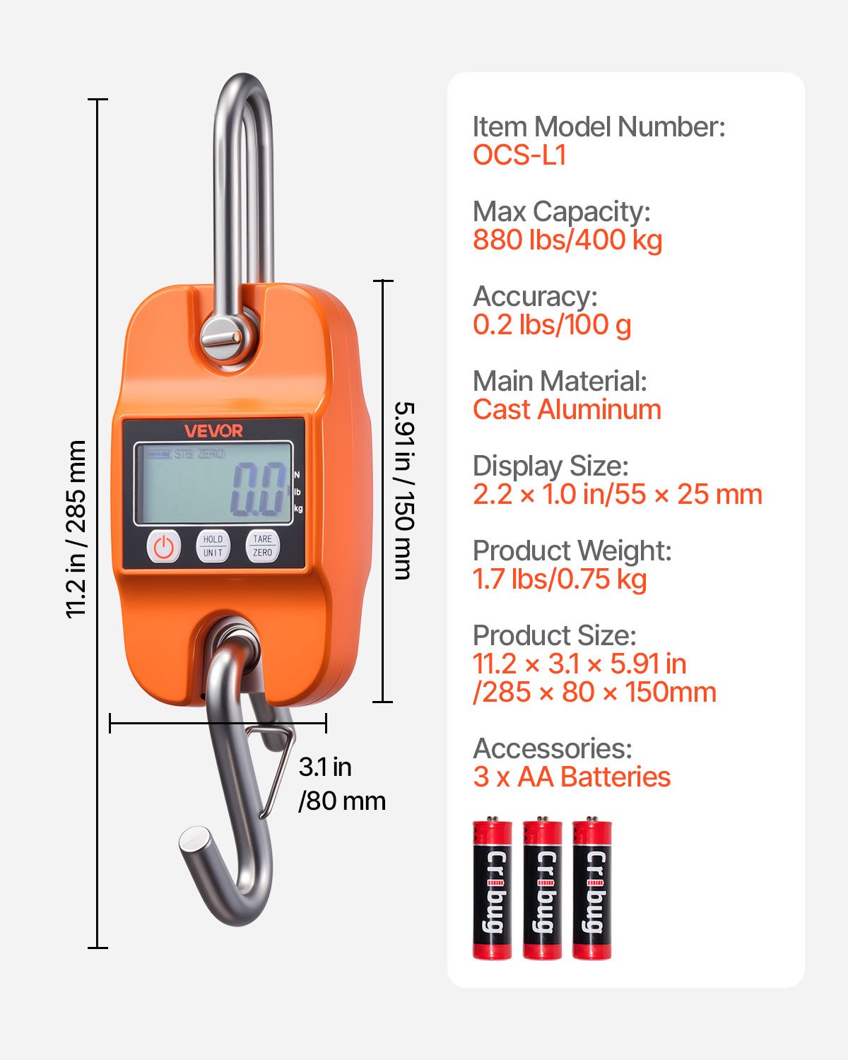 Digital Crane Scale, 880 lbs/400 kg Max Capacity, Handheld Hanging Scale with Cast Aluminum Case & LCD Display, 100 g Division & 3 Unit Switch, Auto-Off Setting for Farm Hunting Fishing, Orange