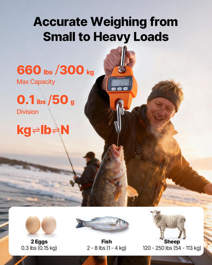 Digital Crane Scale, 660 lbs/300 kg Max Capacity, Handheld Hanging Scale with Cast Aluminum Case & LCD Display, 50 g Division & 3 Unit Switch, Portable Design for Farm Hunting Fishing, Orange