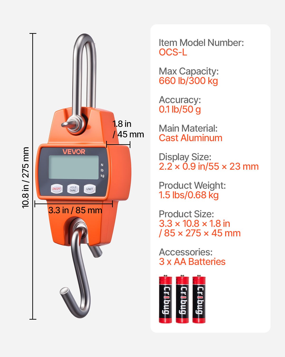 Digital Crane Scale, 660 lbs/300 kg Max Capacity, Handheld Hanging Scale with Cast Aluminum Case & LCD Display, 50 g Division & 3 Unit Switch, Portable Design for Farm Hunting Fishing, Orange