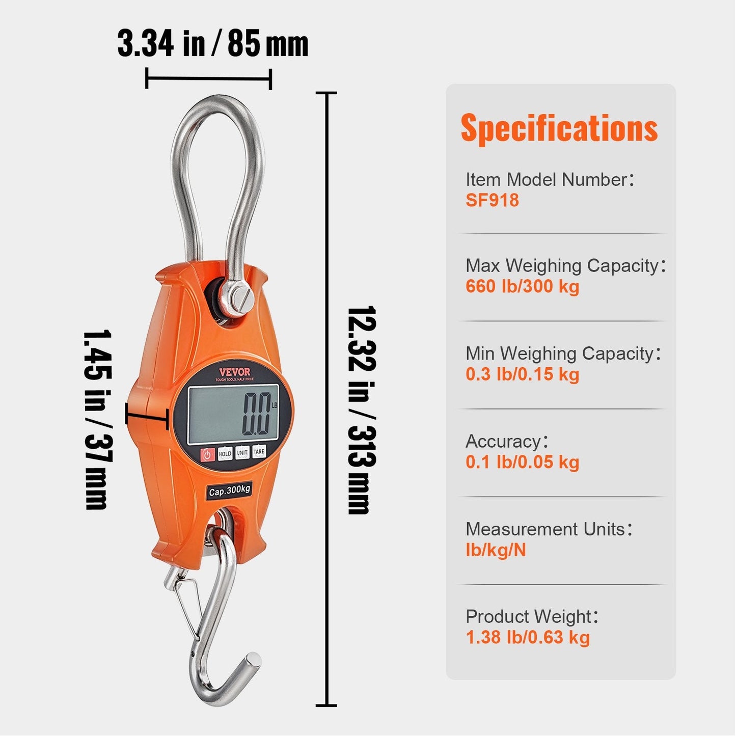 Heavy Duty Industrial Crane Scale 300 kg with LCD & Hooks for Outdoor Use