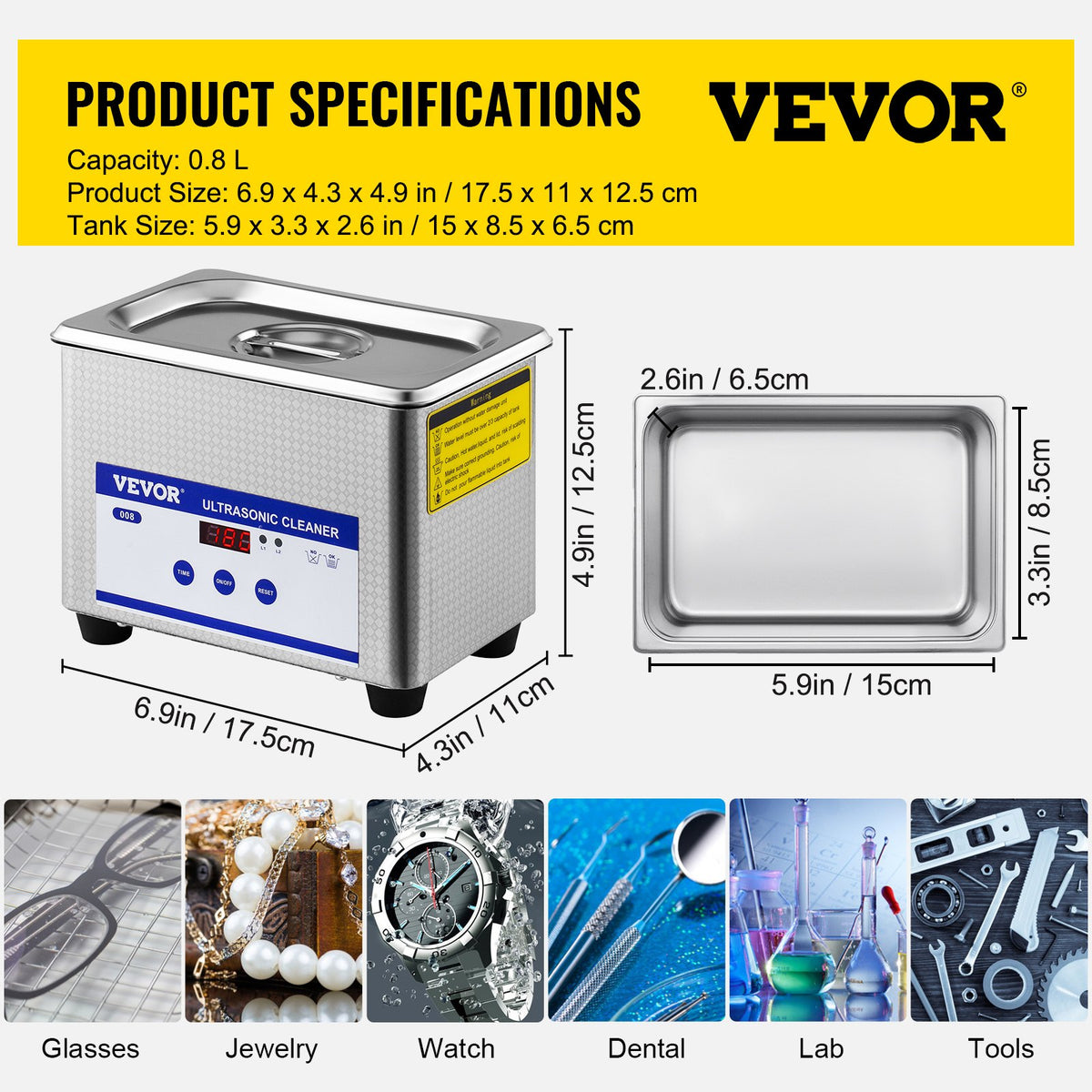 0.8L Professional Ultrasonic Cleaner 304 Stainless Steel Digital Lab Ultrasonic Cleaner with Timer for Jewelry Watch Glasses Circuit Board Dentures Small Parts Dental Instrument (0.8L)