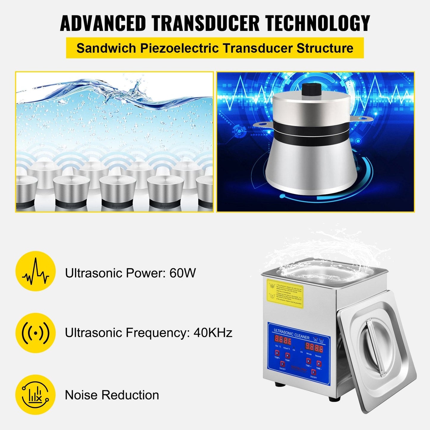 1.3L Ultrasonic Cleaner with Heater & Timer, 40kHz, Stainless Steel