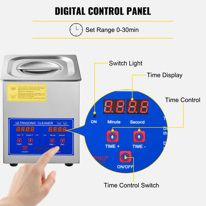 1.3L Ultrasonic Cleaner with Heater & Timer, 40kHz, Stainless Steel