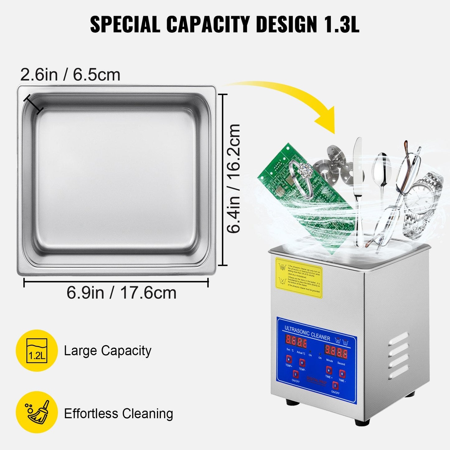 1.3L Ultrasonic Cleaner with Heater & Timer, 40kHz, Stainless Steel
