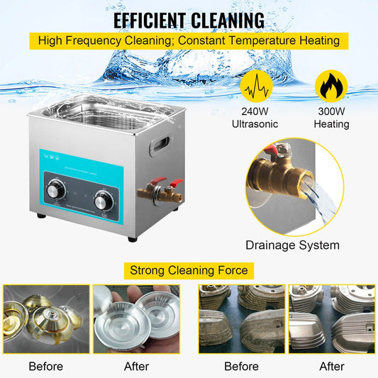 Ultrasonic Cleaner with Heater & Timer, 10L Stainless Steel, Versatile Use