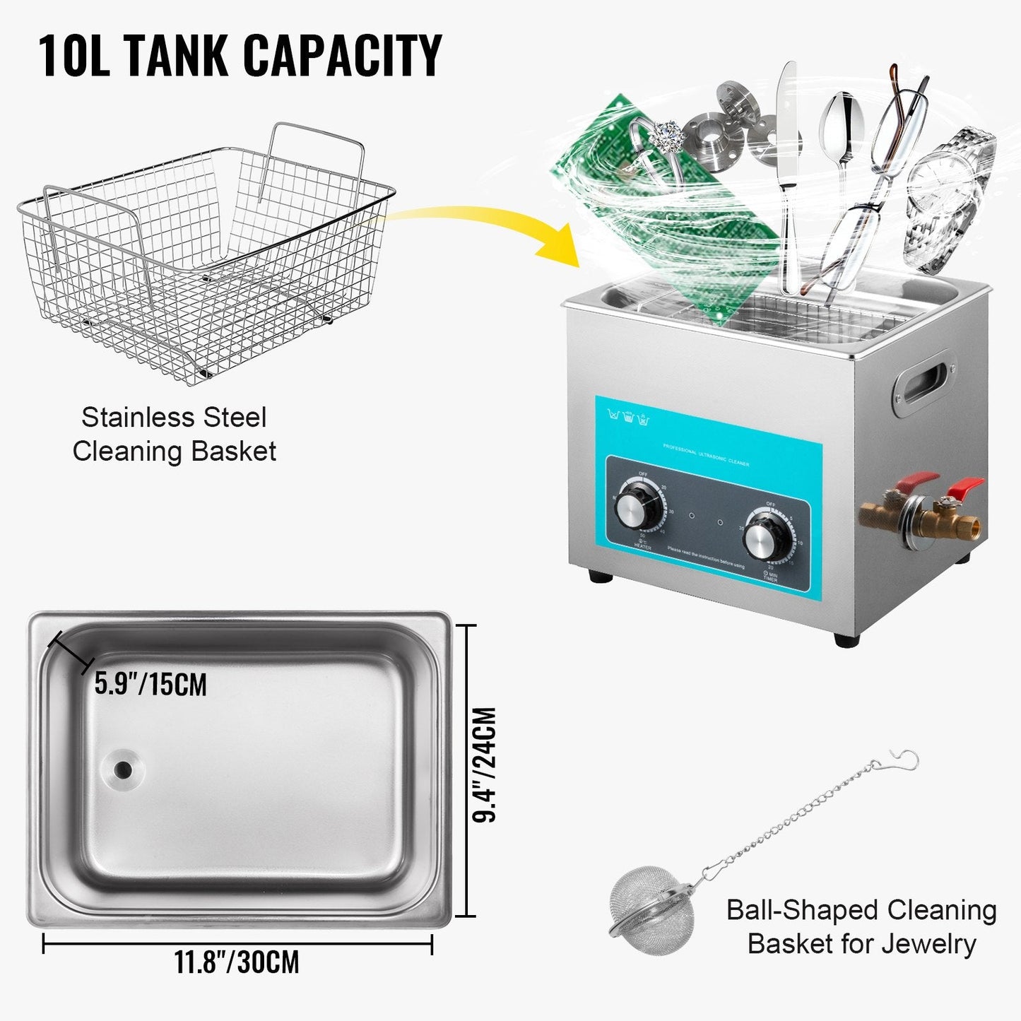 Ultrasonic Cleaner with Heater & Timer, 10L Stainless Steel, Versatile Use