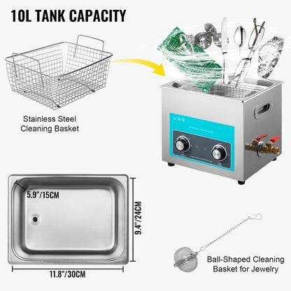 Ultrasonic Cleaner with Heater & Timer, 10L Stainless Steel, Versatile Use